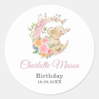 Sticker Rond Jolie rose florale lune fille Eléphant Anniversair