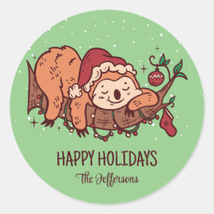 Sticker Rond Jolie Sloth Dormir Noël Neige Vacances d'hiver