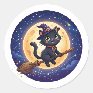 Sticker Rond Jolie sorcière volante Chat noir Lune Halloween Au