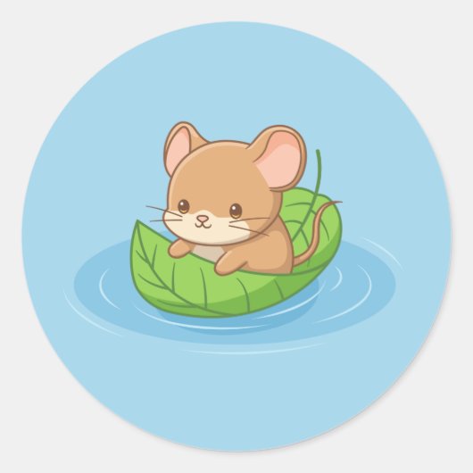 Sticker Rond Jolie Souris dans un Bateau en Feuille Bleu (Devant)
