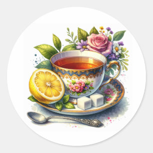 Sticker Rond Jolie tasse de thé au citron