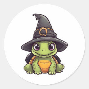 Sticker Rond Jolie tortue d'Halloween avec un casquette sorcier