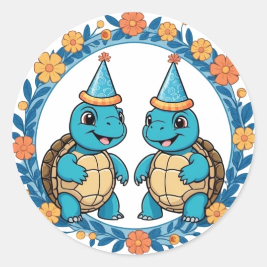 Sticker Rond Jolie Tortue fête d'anniversaire (Devant)