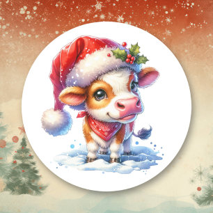Sticker Rond Jolie vache de Noël en caricature à Santa Hat