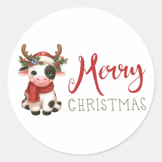 Sticker Rond Jolie vache de Noël mignonne (Devant)