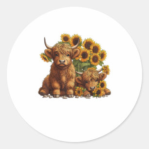 Sticker Rond Jolie vache écossaise Highland Sunflower Mothers D