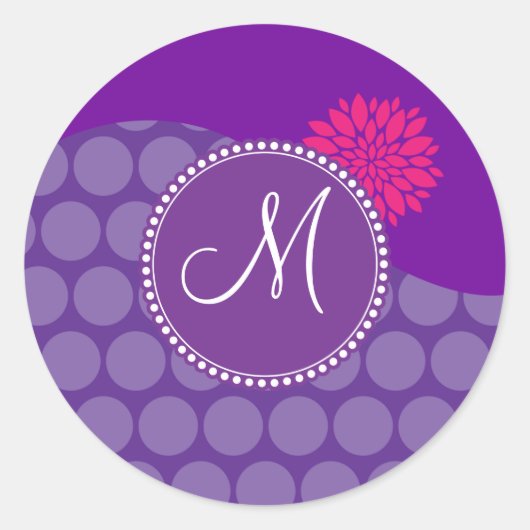 Sticker Rond Jolie vague de Pois violets avec fleurs roses (Devant)