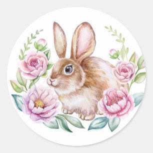 Sticker Rond Jolie Watecolor Rabbit et Fleurs roses