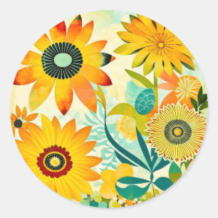 Sticker Rond Jolies Fleurs Jaunes Whimsical Folk Art