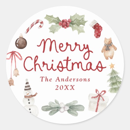 Sticker Rond Jolies Illustrations à l'aquarelle Joyeux Noël (Devant)