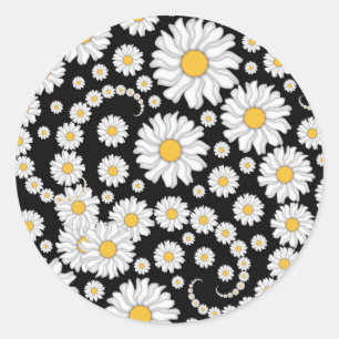 Sticker Rond Jolies marguerites blanches sur fond noir