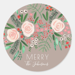 Sticker Rond Jolies Roses Florales Noël Fêtes