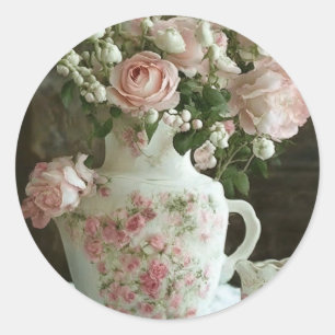 Sticker Rond Jolies roses roses en Chine antique Vintage Teapot