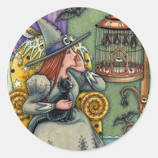 STICKER ROND JOLIMENT WITCH, CHAT & SES ANIMAUX, CAGE DE MAIN, (Devant)