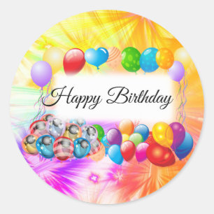 Sticker Rond Jolis ballons colorés et feux d'artifice, Annivers