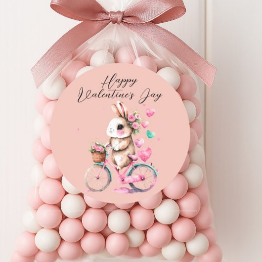 Sticker Rond Jolis cœurs de lapin rose Joyeuse Saint-Valentin