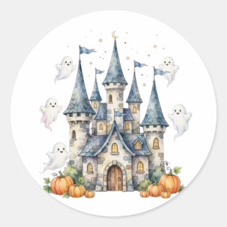 Sticker Rond Jolis fantômes de château d'Halloween Citrouille E