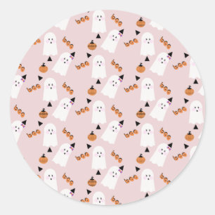 Sticker Rond Jolis fantômes d'Halloween, confettis orange rose 