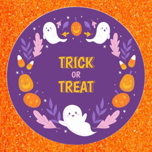 Sticker Rond Jolis fantômes et citrouilles pour Halloween Trick