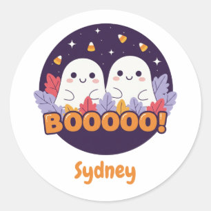 Sticker Rond Jolis fantômes Kawaii Boo Halloween Feuilles d'aut