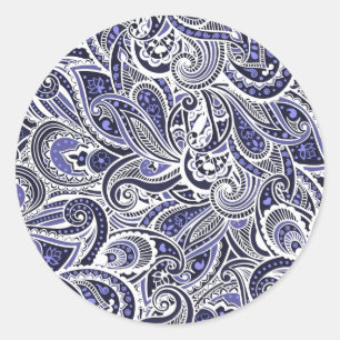 Sticker Rond Jolis motifs paisley bleu blanc design