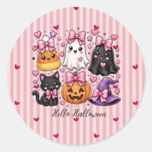 Sticker Rond Jolis personnages Hello Halloween rayés rose pour