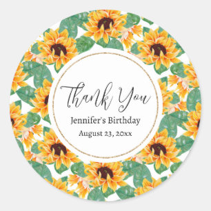 Sticker Rond Jolis tournesols jaunes et motif vert pour anniver
