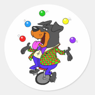 Sticker Rond Jongler avec un chien sur un monocycle
