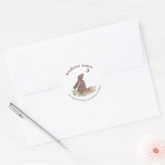 Sticker Rond Jote Lapin Lapin Floral Adresse postale/retour (Enveloppe)