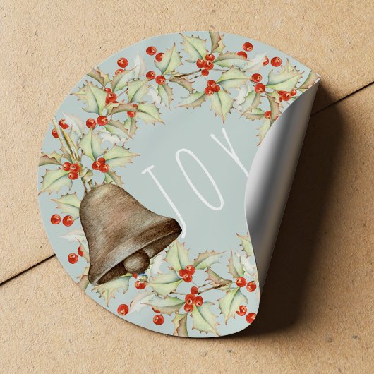 Sticker Rond JOUE Typographie Holly Berries Wreath Blue Christm