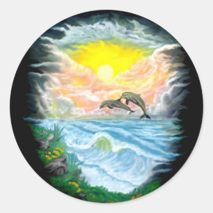 Sticker Rond Jouer aux dauphins sous le soleil