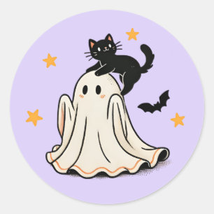 Sticker Rond Jouer Chat noir sur la tête de Ghost Halloween