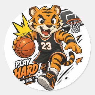 STICKER ROND JOUER DUR GAGNER GRAND TIGRE BASKETBALL AUTOCOLLAN