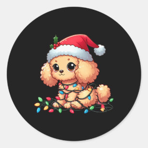 Sticker Rond Jouet Poodle Noël Lumières Chien Drôle Noël