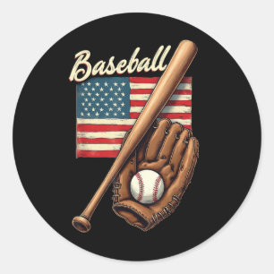 Sticker Rond Joueur de baseball américain Drapeau Bat Fan Catch