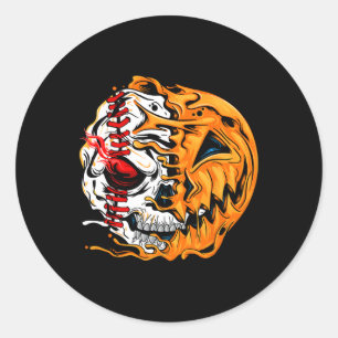 Sticker Rond Joueur de baseball Halloween Citrouille Skeleton