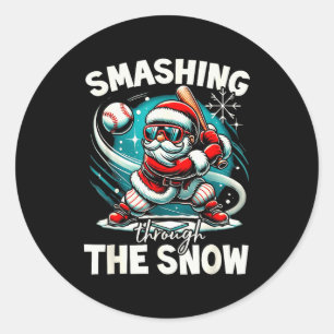 Sticker Rond Joueur de baseball Noël Santa, Écrasant à travers