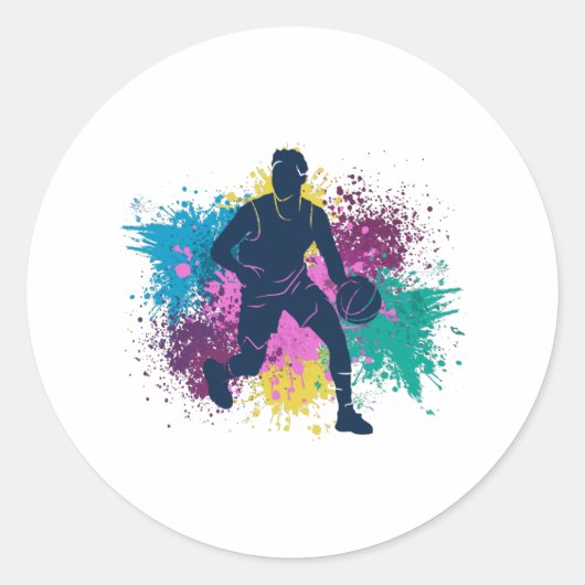 Sticker Rond Joueur de basket-ball Grungy Couleurs Splashes (Devant)