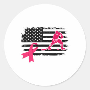 Sticker Rond Joueur de hockey Ruban rose Drapeau américain Canc