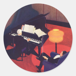 Sticker Rond Joueur de piano salon de musique Art Déco vintage