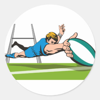 Sticker Rond Joueur de rugby, plongée marquant un essai
