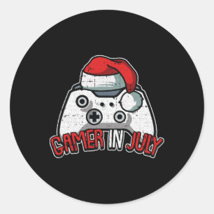 Sticker Rond Joueur Noël en juillet manette de jeu vidéo