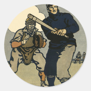 Sticker Rond Joueurs de baseball vintage, art stylisé