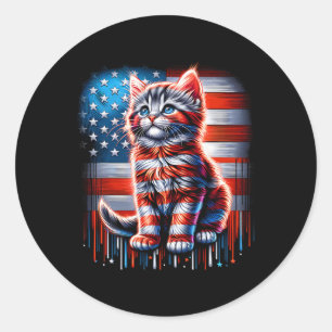Sticker Rond Jour commémoratif 4 juillet Cat Usa Drapeau Cute K