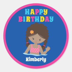 Sticker Rond Jour d'anniversaire de la fête de la piscine afro-