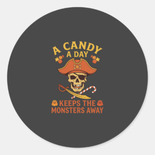Sticker Rond Jour de bonbons Halloween Pirate Crâne Canne