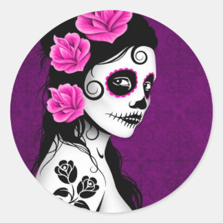 Sticker Rond Jour de la fille crâne de sucre mort - violet
