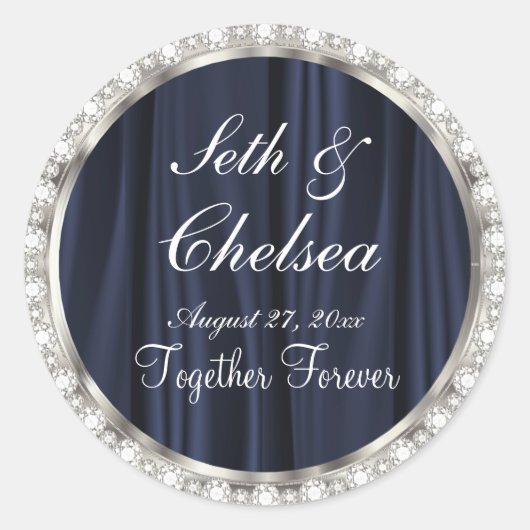 Sticker Rond Jour de mariage Marine Satin Bleu & Diamants Faux (Devant)