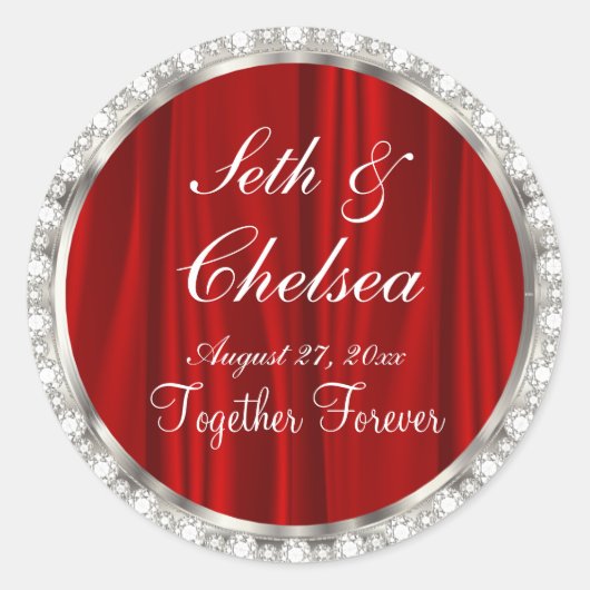 Sticker Rond Jour de mariage Rouge Satin & Faux Diamants (Devant)