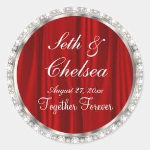 Sticker Rond Jour de mariage Rouge Satin & Faux Diamants